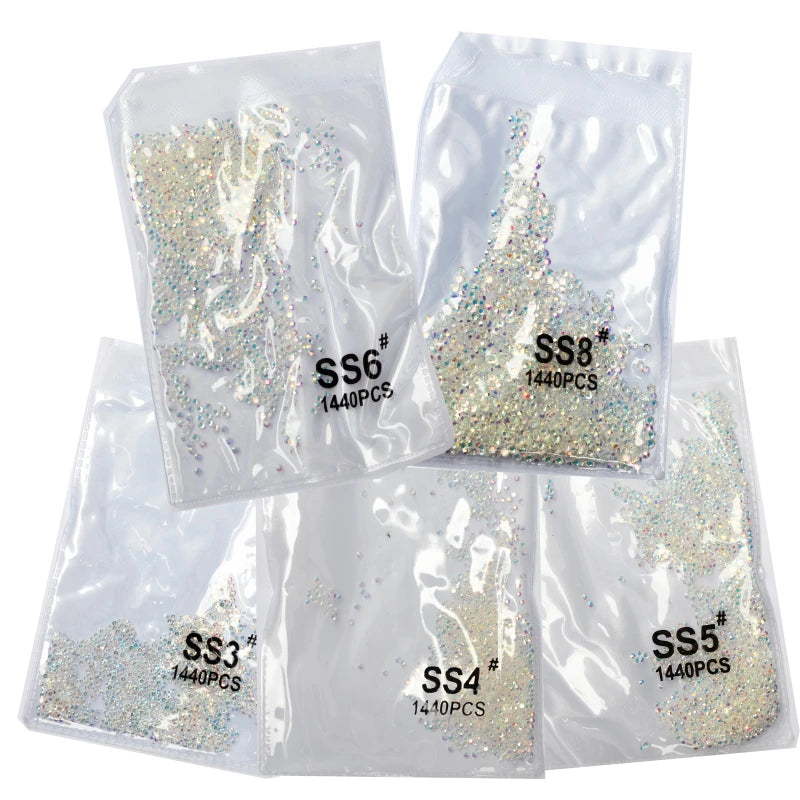 SS3-ss8 1440pcs Clear Crystal AB gold 3D Non HotFix FlatBack Nail Art Rhinestones Decorations Shoes And Dancing Decoration